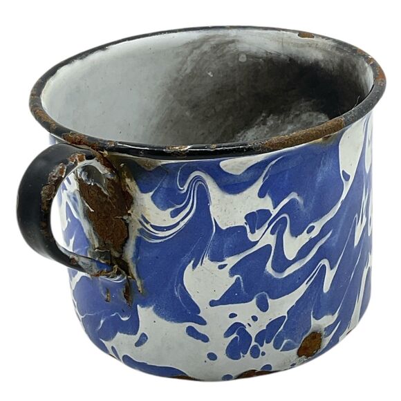 Blue Swirl Graniteware Coffee Cup Black Rim Enamel Cowboy Mug Chuckwagon - Picture 4 of 8
